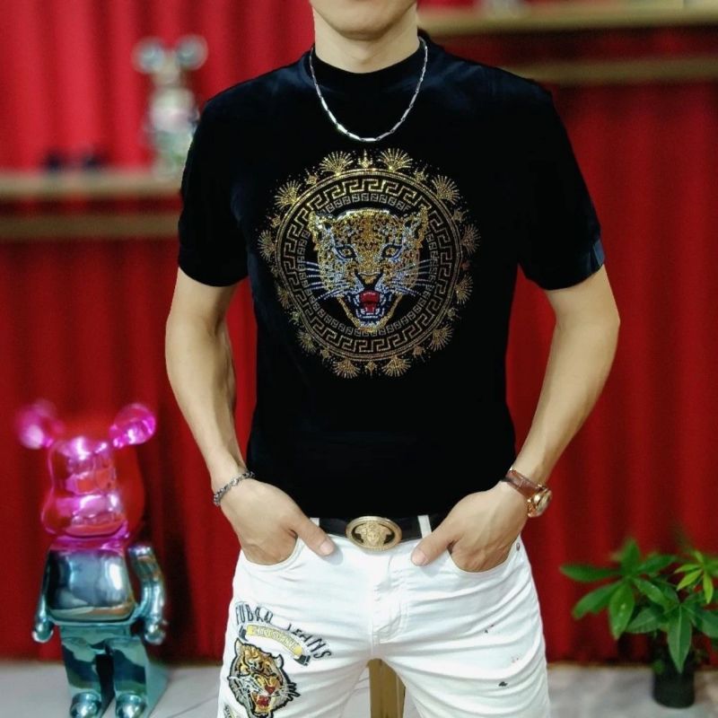 男士春秋新款休闲时尚烫钻短袖打底卫衣潮流修身百搭男士T恤