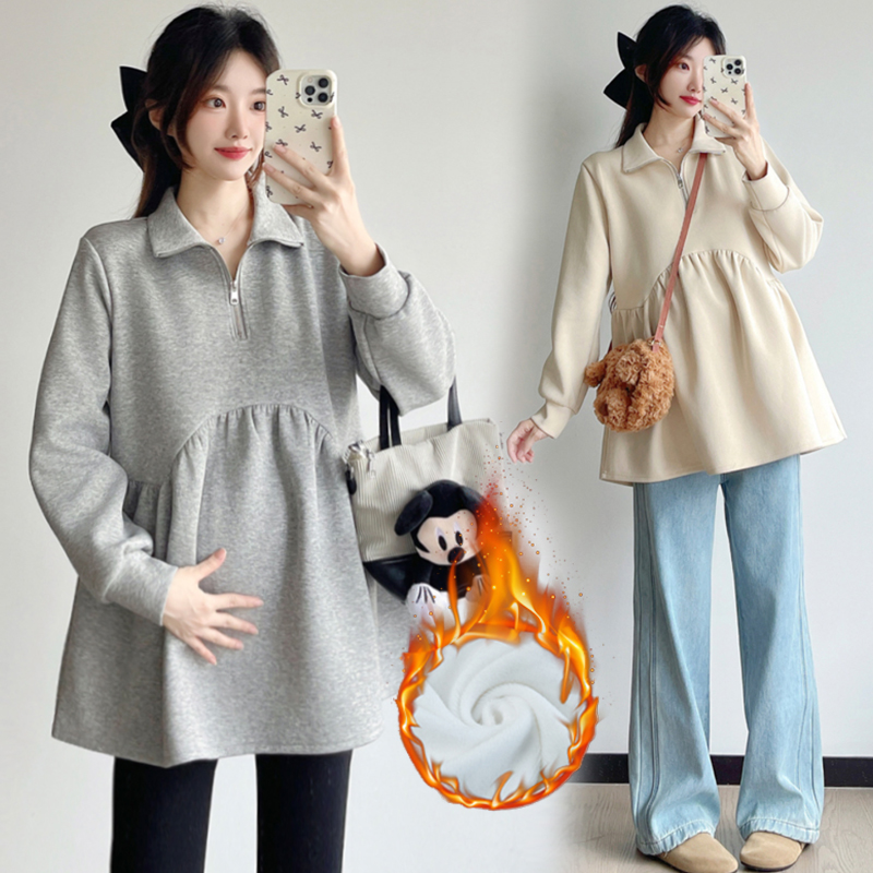 【伊伊】孕妇装2025春秋冬加绒加厚上衣显瘦长袖时尚韩版中长款卫衣