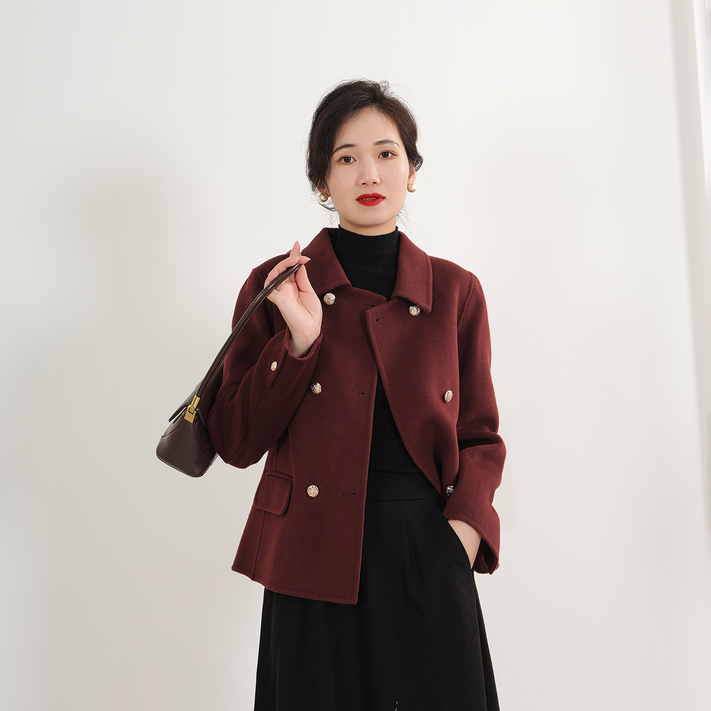 EKNR双面羊毛大衣女2025翻领双排扣短外套女复古百搭气质双面呢女
