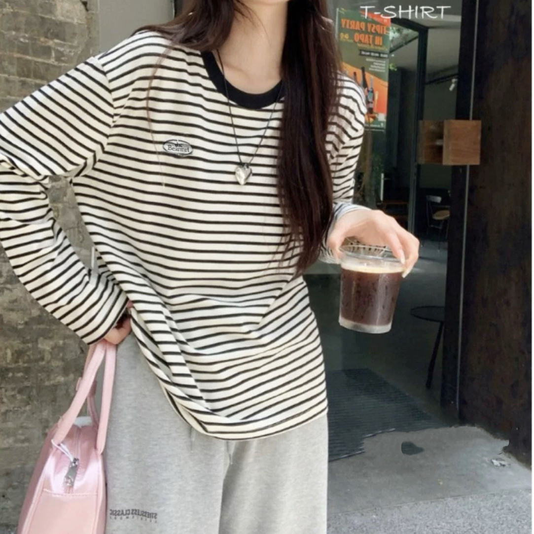 【八家墨尔本】M韩the bar**et条纹毛绒绒撞色领打底衫慵懒长袖衫