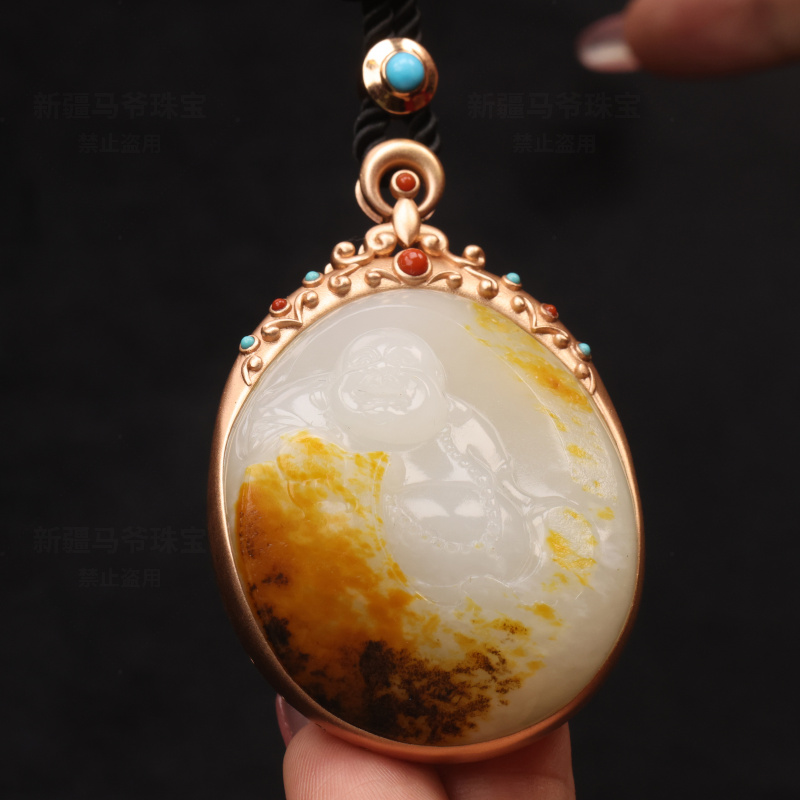 《新疆马爷珠宝》子料镶金佛公吊坠挂件-2306011559345