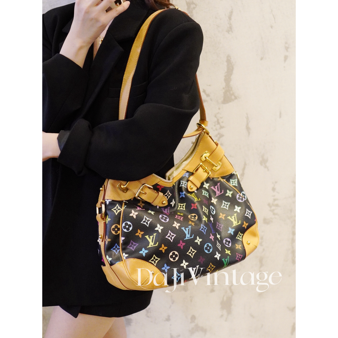 95新 LouisVuitton/路易威登 大吉中古/LV黑三彩hobo单肩包
