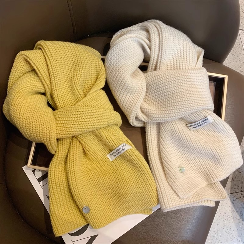 围巾新款小众贝壳羊毛针织围巾女纯色简约百搭秋冬季加厚围脖