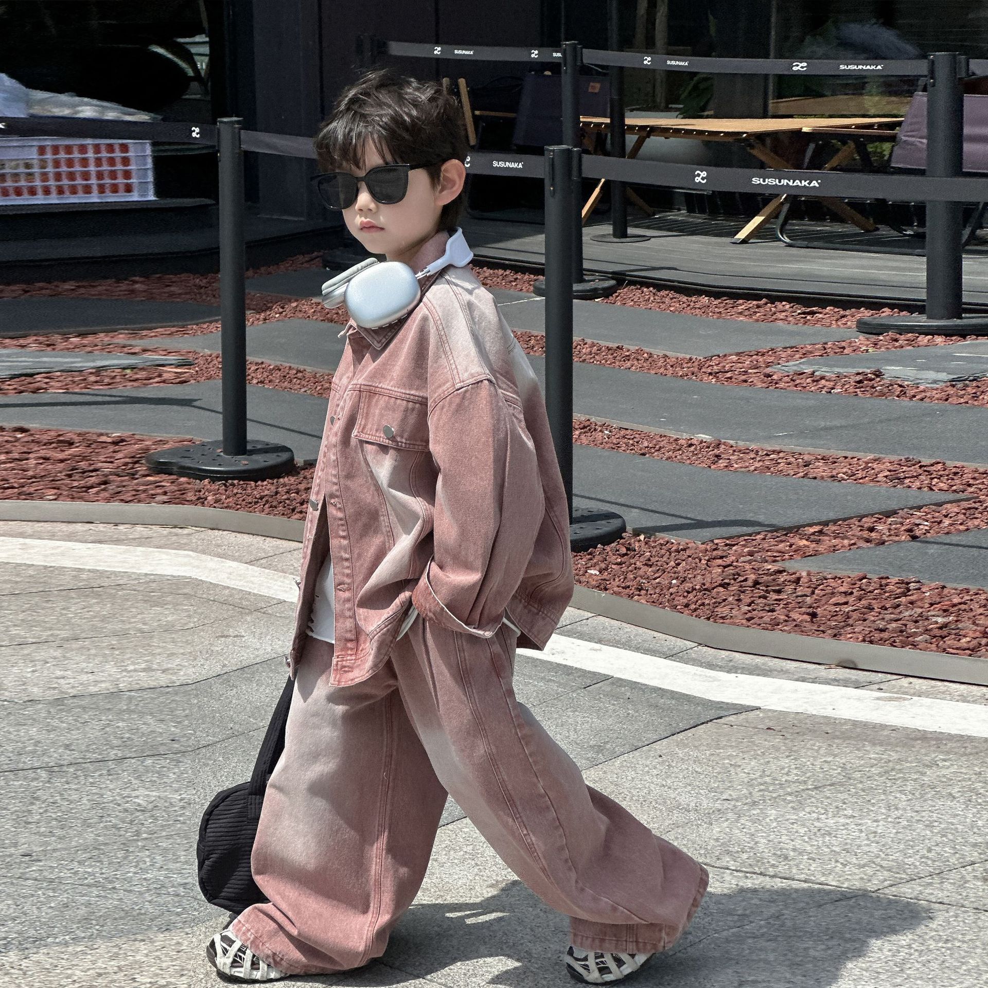 A.MU男童牛仔套装春秋款2025新款儿童潮酷两件套男孩秋季衣服织里