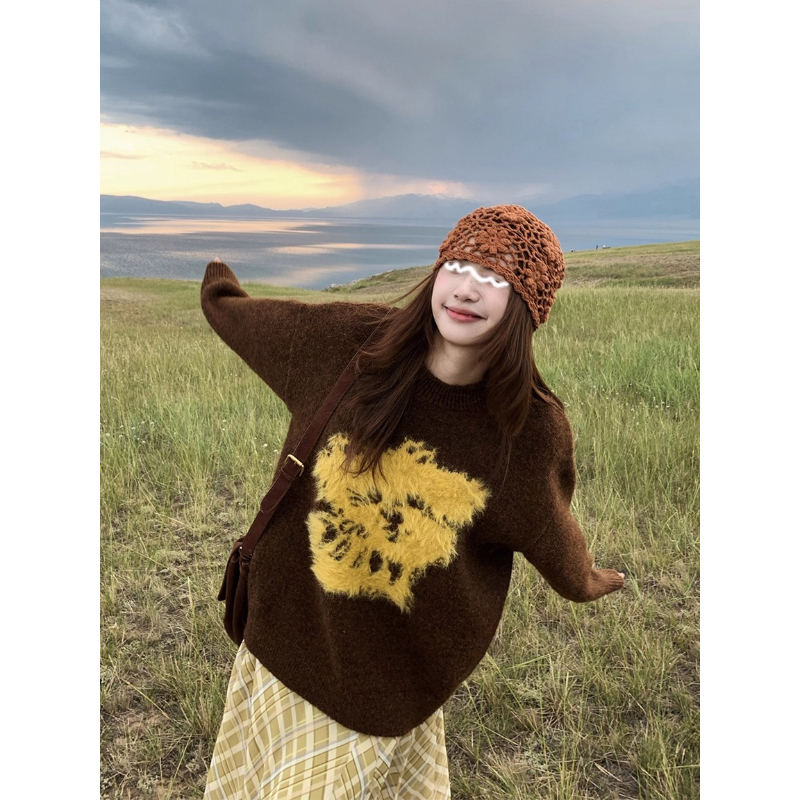 美式复古软糯毛绒绒针织套头毛衣女早秋季宽松慵懒松驰感长袖上衣