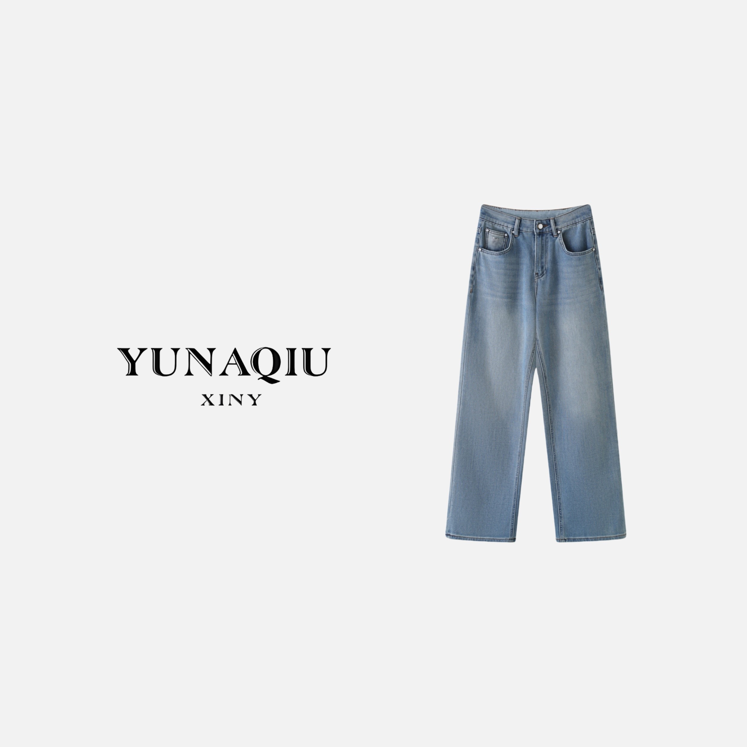 YUNAQIU-直筒复古宽松水洗做旧牛仔裤-9555