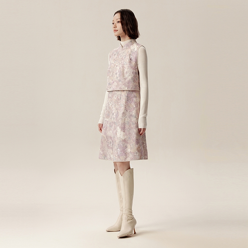 【金陵家宴】VGRASS25冬季新款重工珠片叠绣气质假两件中长连衣裙