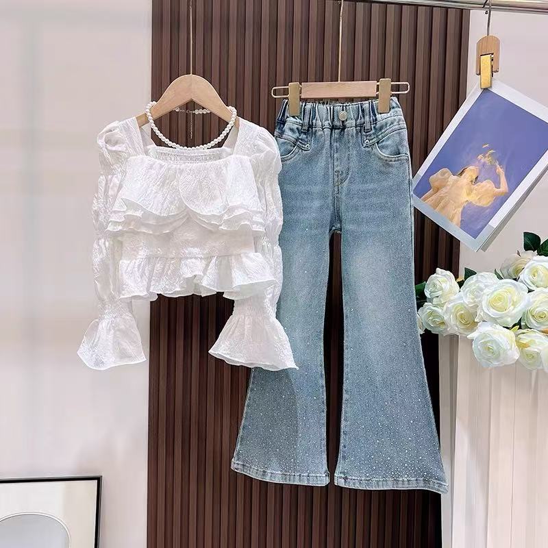 女童花边袖衬衫方领牛仔喇叭裤套装2025春秋款中大童上衣微喇长裤
