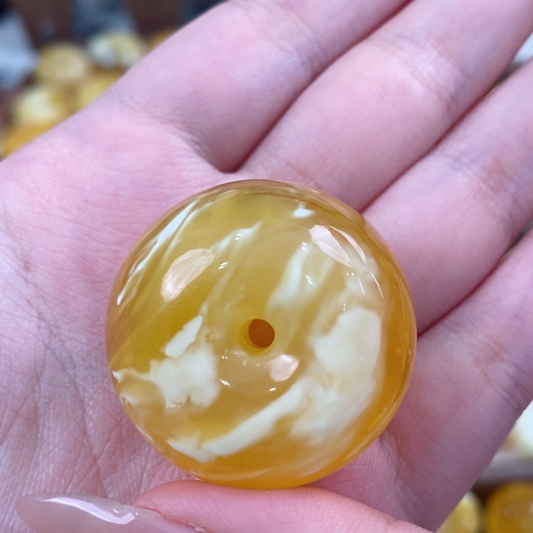 未镶嵌蜜蜡裸石金瓷白拉丝溶洞平安扣