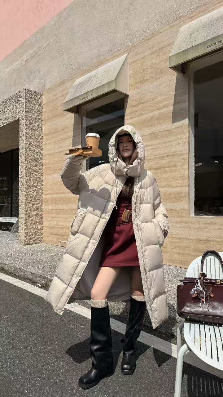 鼓口袋设计 街头风厚款长款韩版优等品长袖加厚收腰女士羽绒服