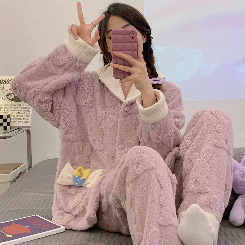 【开心奢品】清仓法兰绒冬季珊瑚绒睡衣女士保暖新甜加厚家居服套装