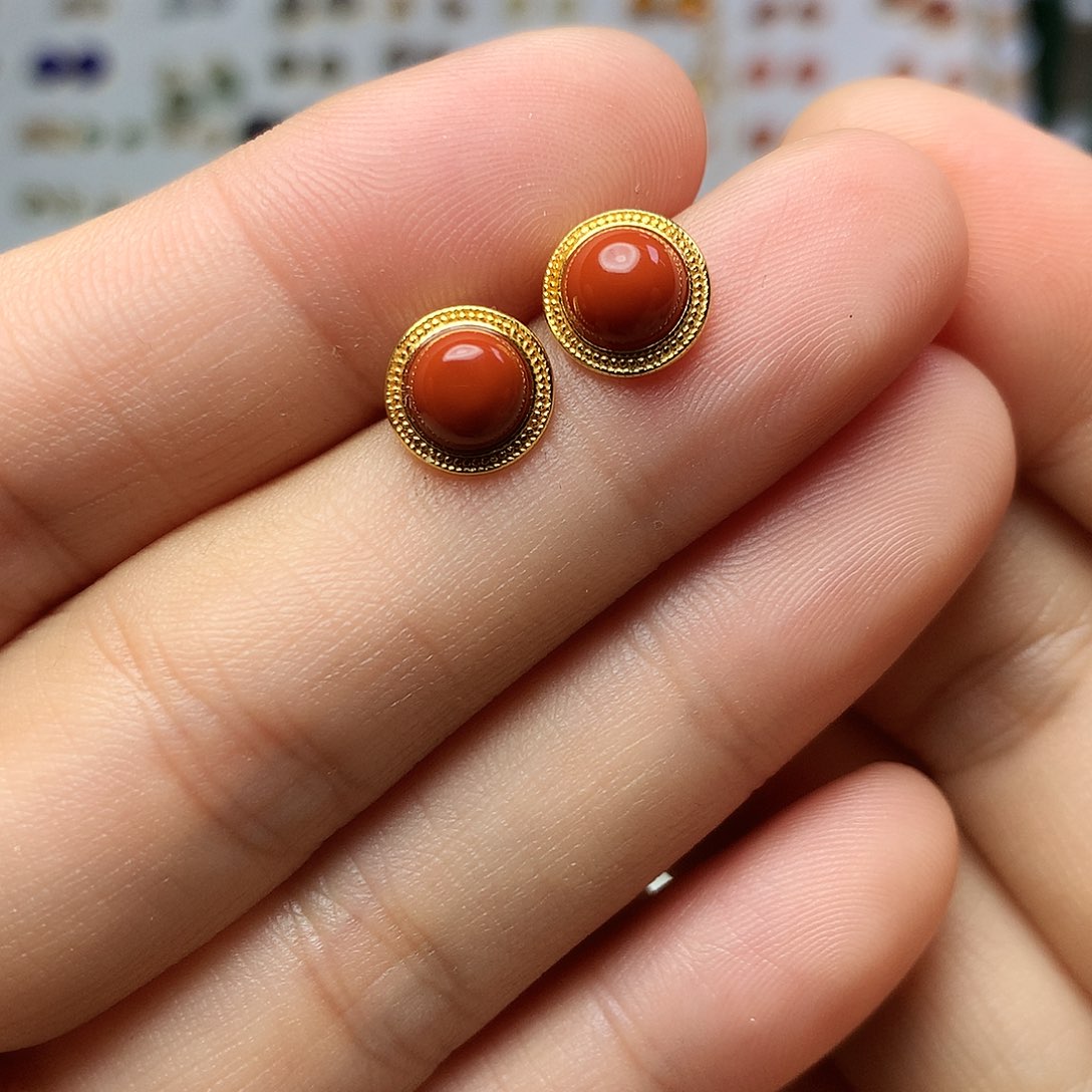 银S925镀金镶嵌南红玛瑙耳饰