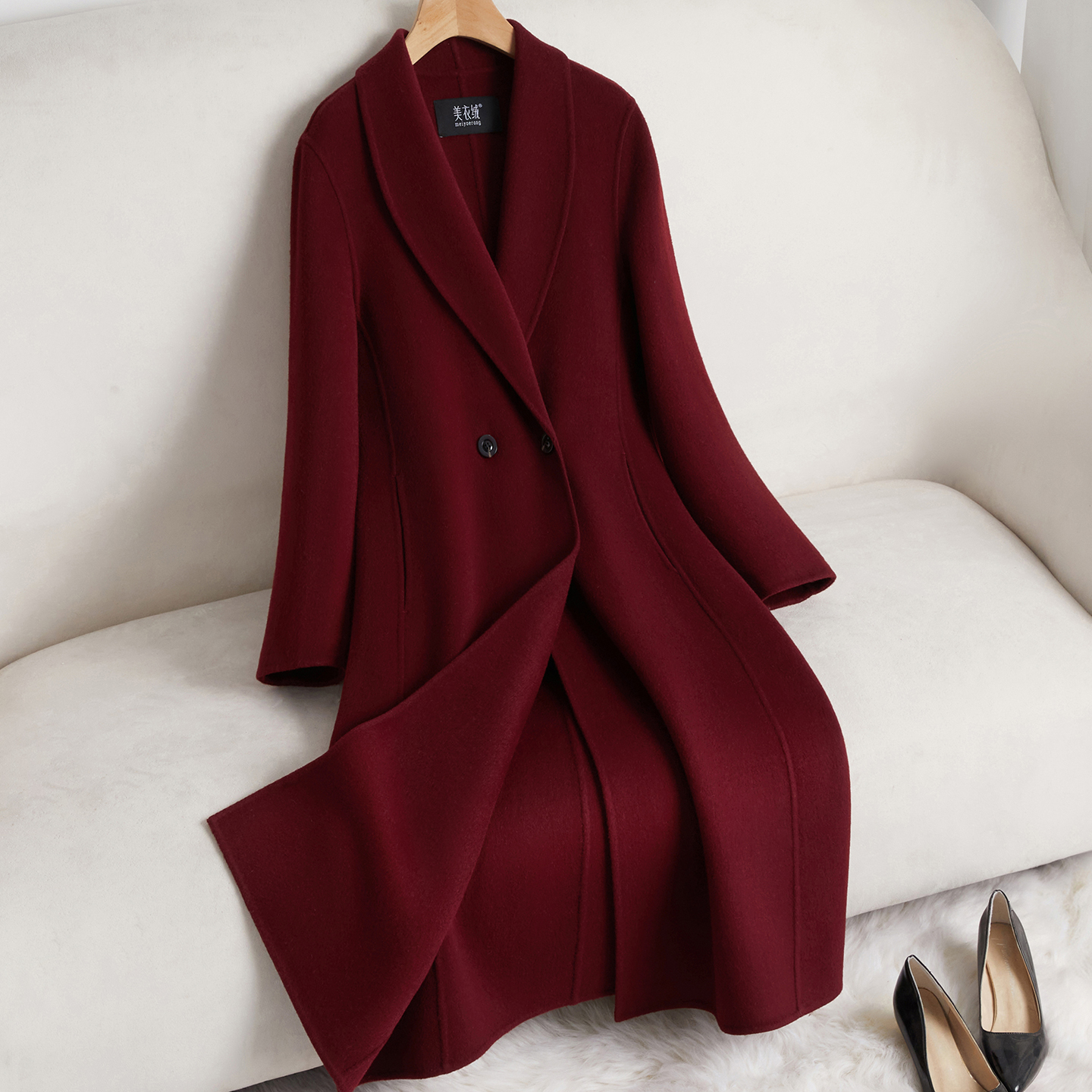 红色双面羊毛大衣女中长款2025新款秋冬高级感气质修身全羊毛外套