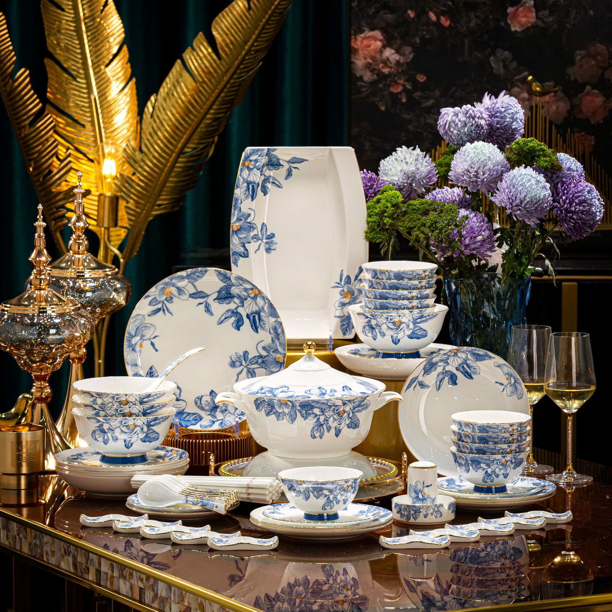 【时尚青花】70头景德镇新中式描金餐具大套组自用送亲友爆款碗盘