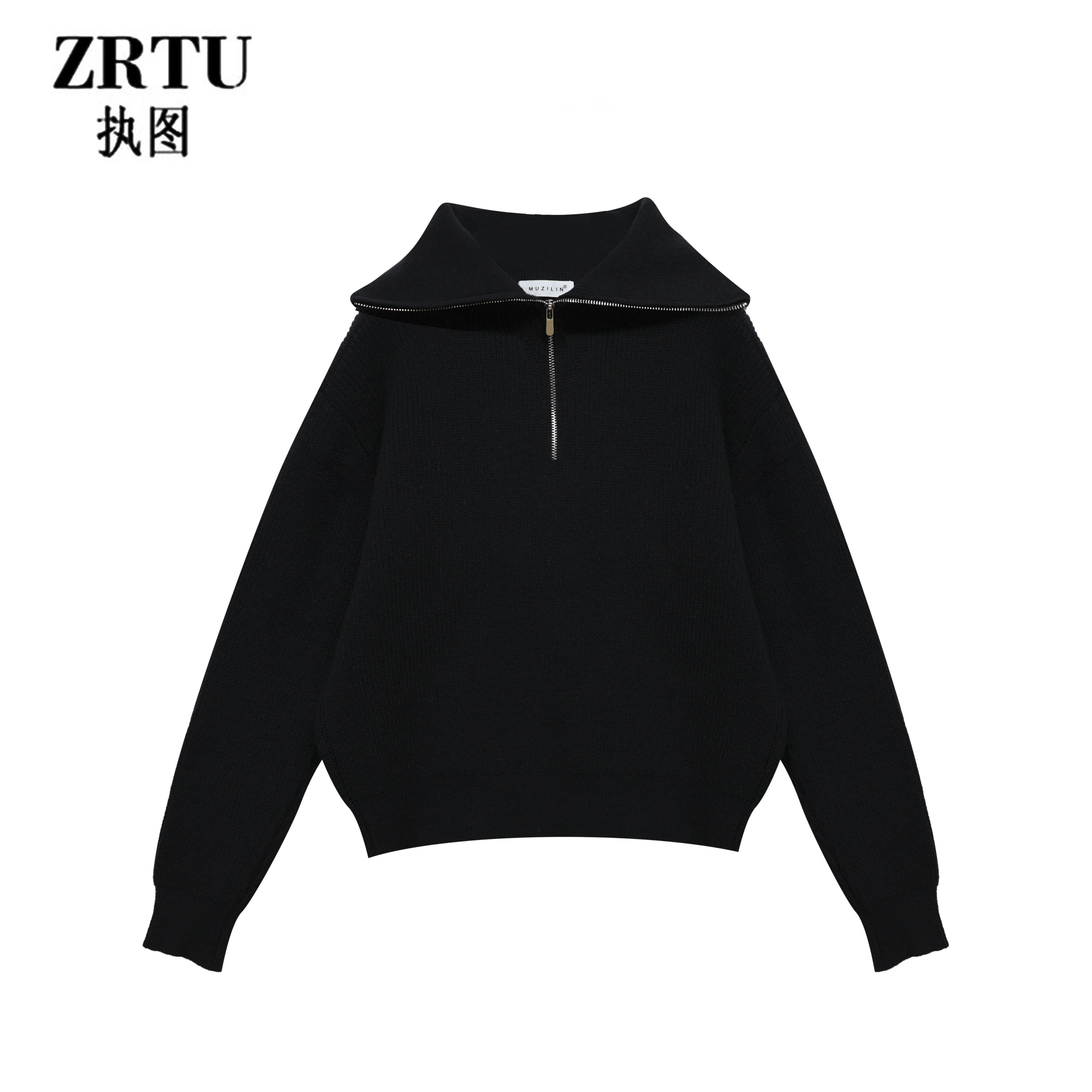 ZRTU执图2025秋冬新款长袖时尚百搭翻领半拉链毛针织衫女