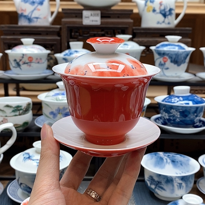 手绘龙船花160cc盖碗釉下彩微瑕福利款