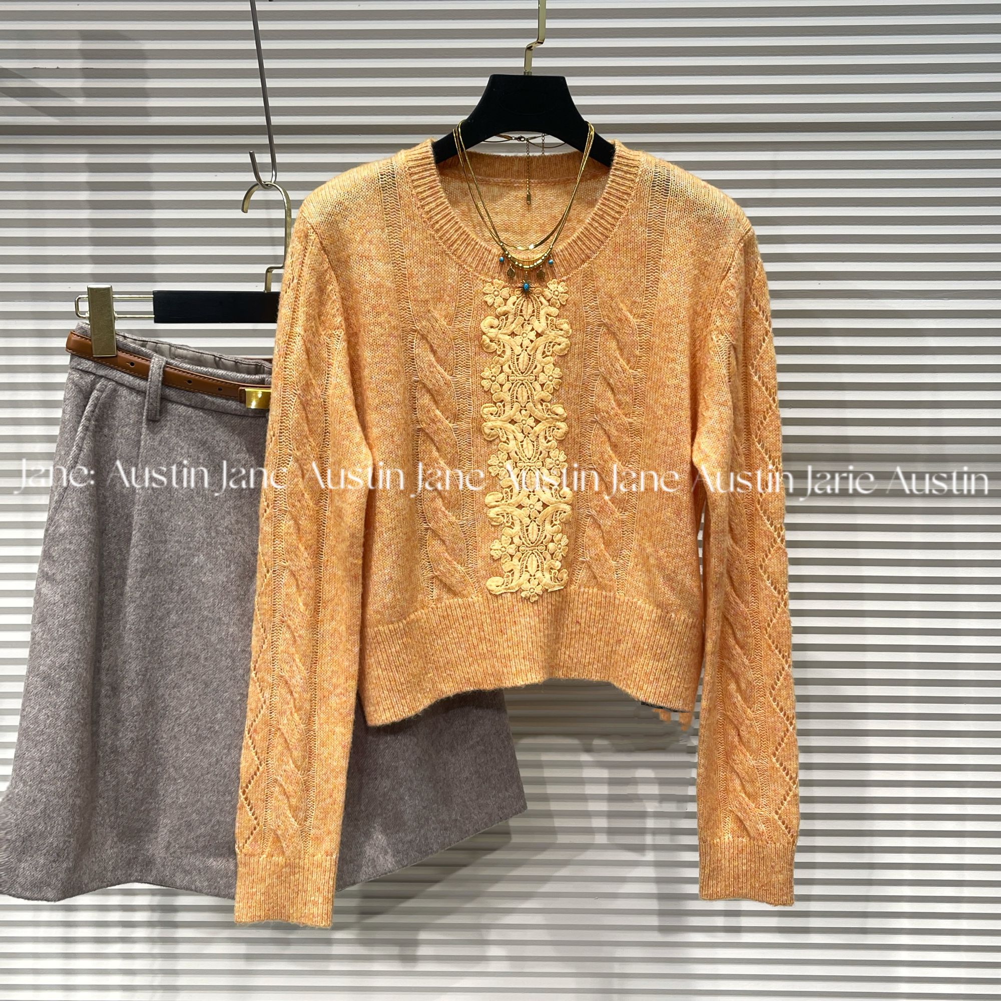 Jane Austin •（暖橙蕾丝绞花）2025秋冬新款走秀款百搭女小衫长袖