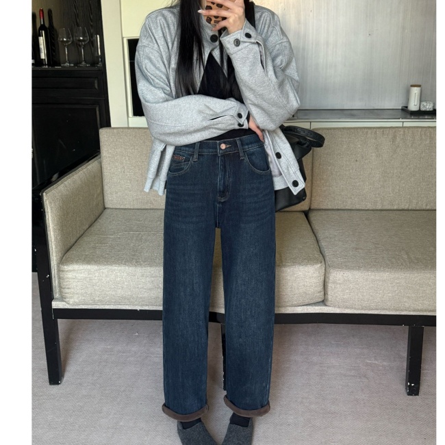 【Y.Z】加厚加绒经典百搭牛仔裤高腰高弹显瘦老爹裤55565