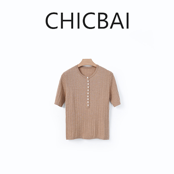 CHICBAI 复古小衫 美丽诺绞花亨利领短袖针织衫