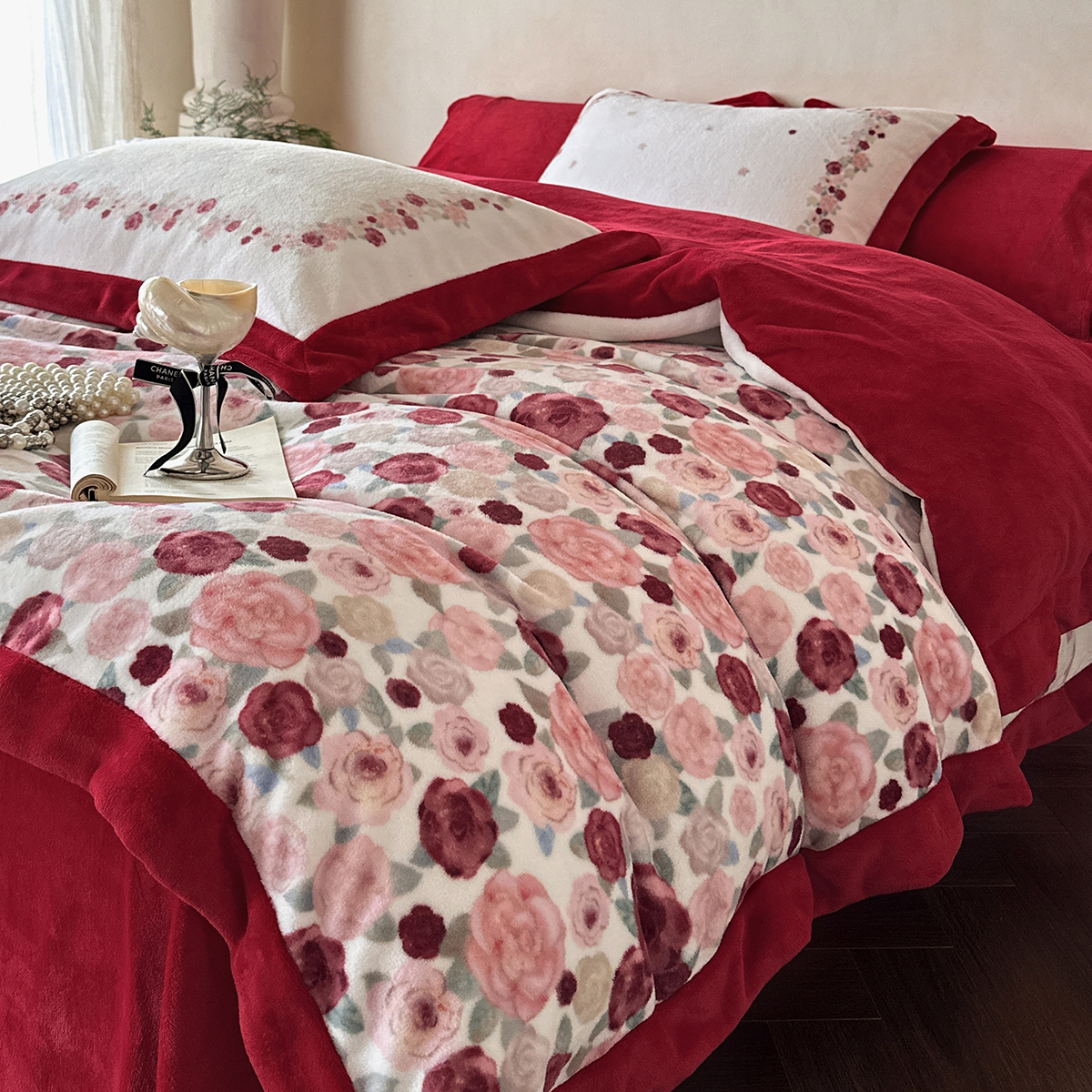 I-Will/艾维冬天结婚四件套牛奶绒双面绒床单被套大红色被罩巴黎