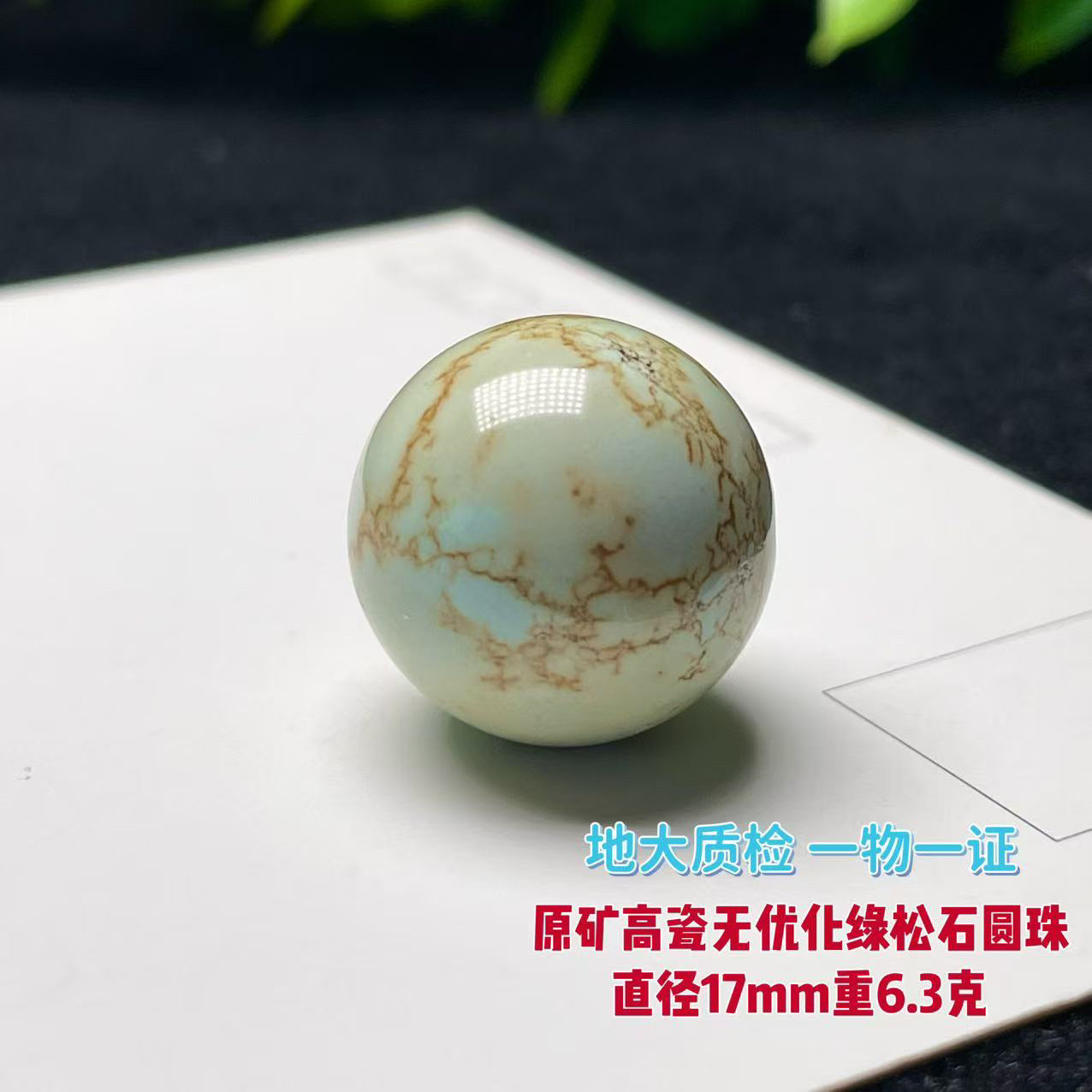 原矿高瓷无优化绿松石圆珠直径17mm重6.3克水草纹特色顶珠配珠