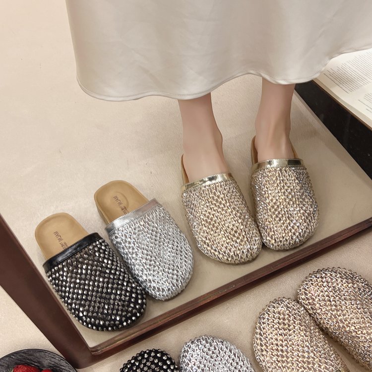 夏季小香法式满钻设计感百搭星星水钻外穿包头半拖鞋女平底防滑