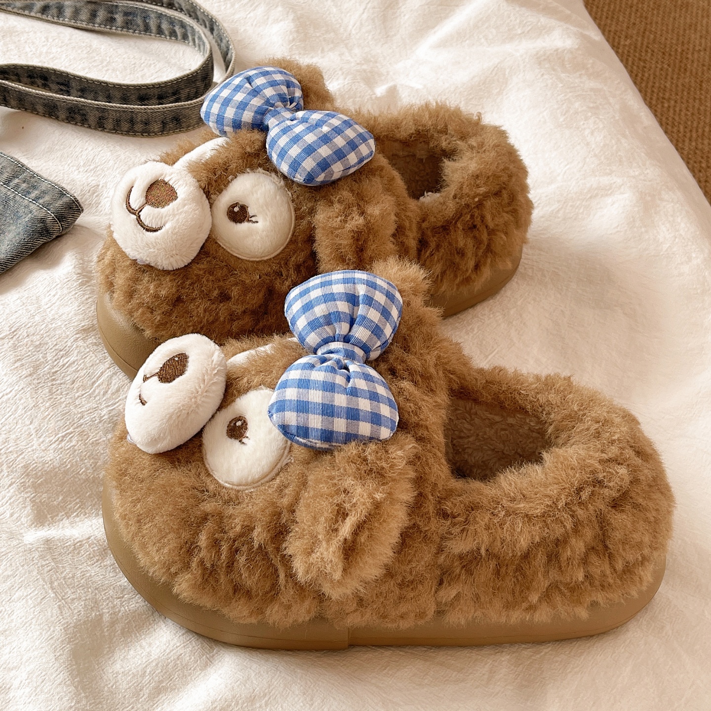 可爱蝴蝶结小熊毛毛鞋女秋冬季厚底防滑居家保暖毛绒包跟棉鞋外穿