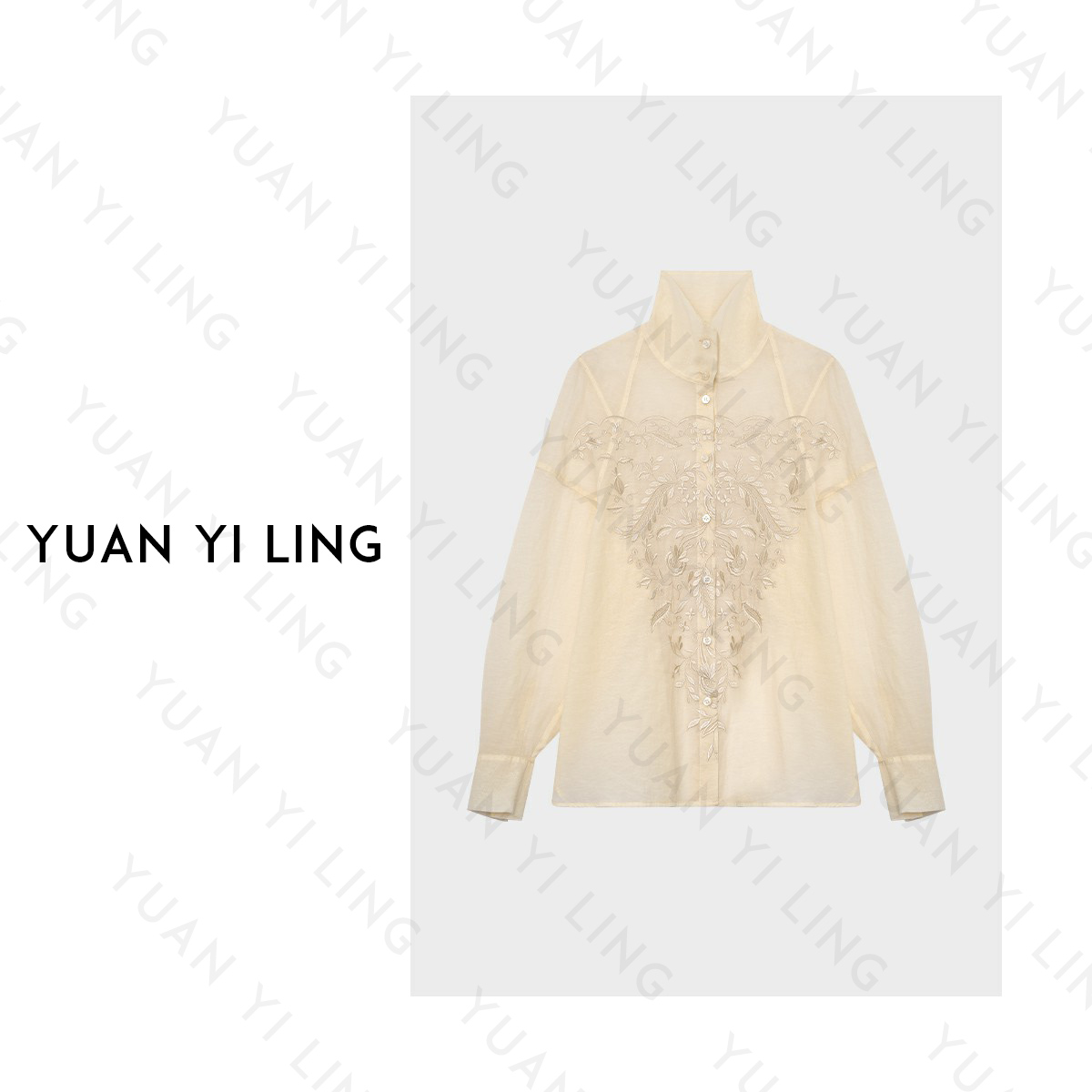 YUAN YI LING【清雾】重工手缝绣花立领排扣百搭气质女长袖衬衫春款