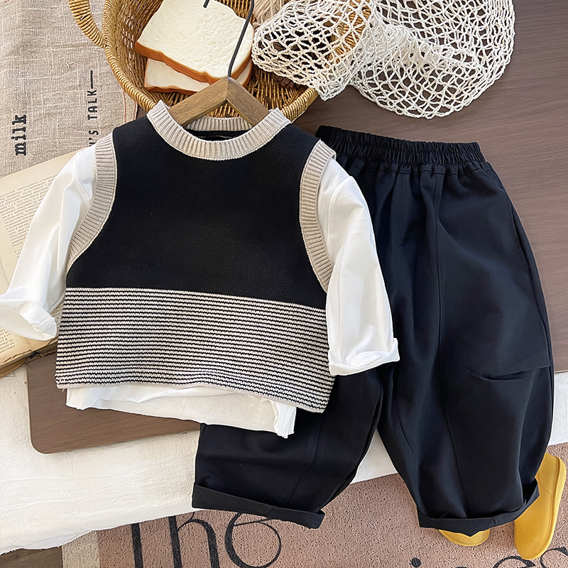 男童2025春秋季宝宝套装马甲毛衣休闲裤子中小童时尚穿搭三件套潮