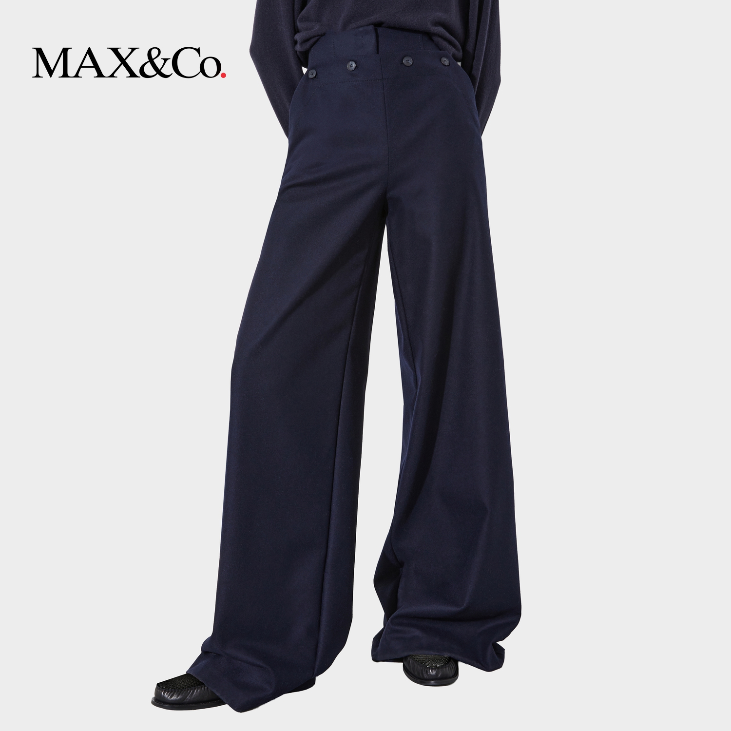 【2025季末折扣】MAX&Co.纯色高腰毛呢水手阔腿长裤6136125402