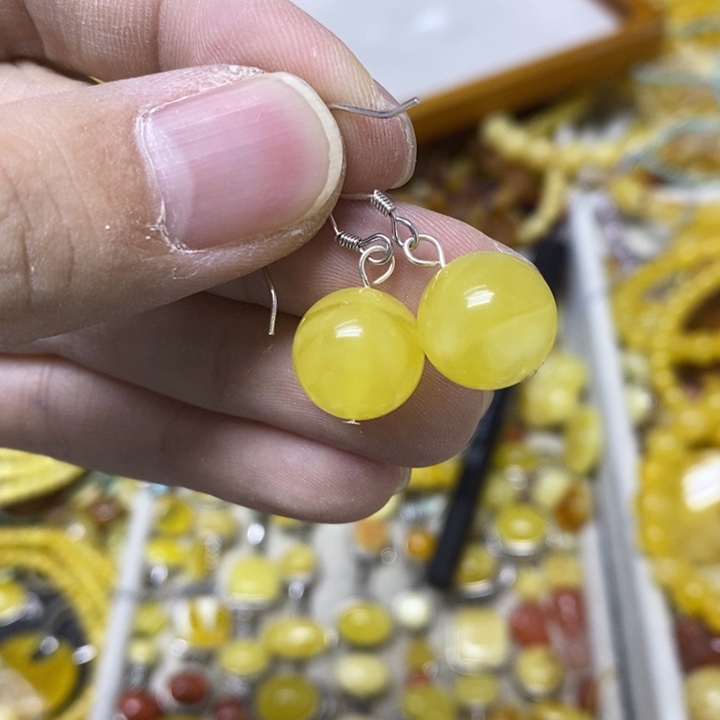 蜜蜡银S925镶嵌裸石耳钩