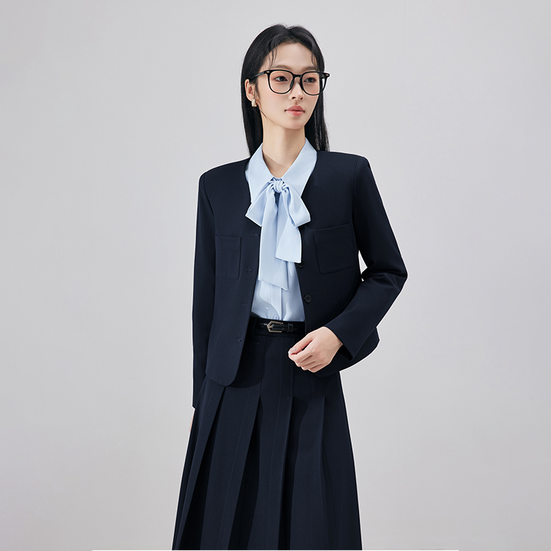 藏青正装女套装大学生西装面试穿搭高级感短款小个子职业西服外套