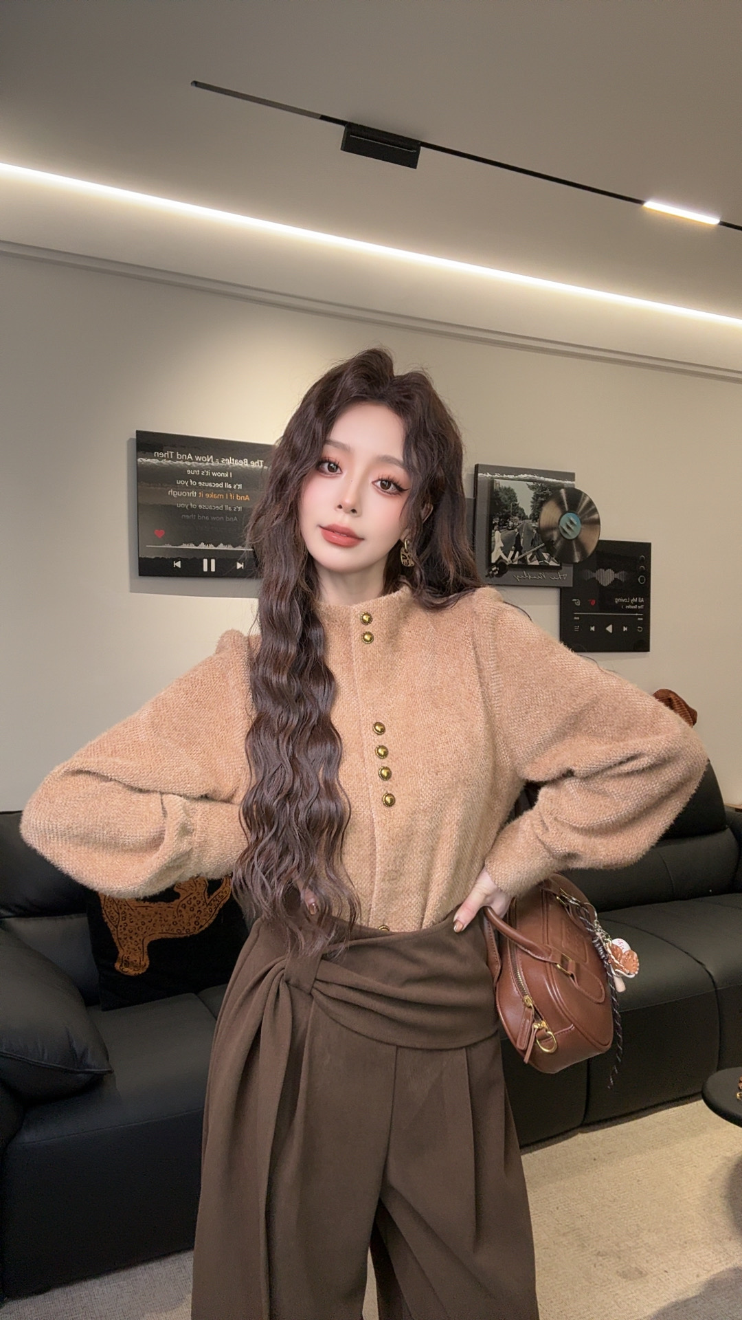 雪尼尔时尚宽松型设计感秋冬极简风百搭衬衫排扣毛衣 L-001驼色