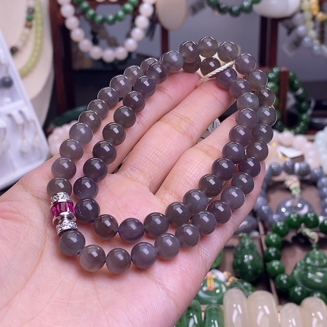 和田玉清货浓烟紫妈妈项链8m未镶嵌