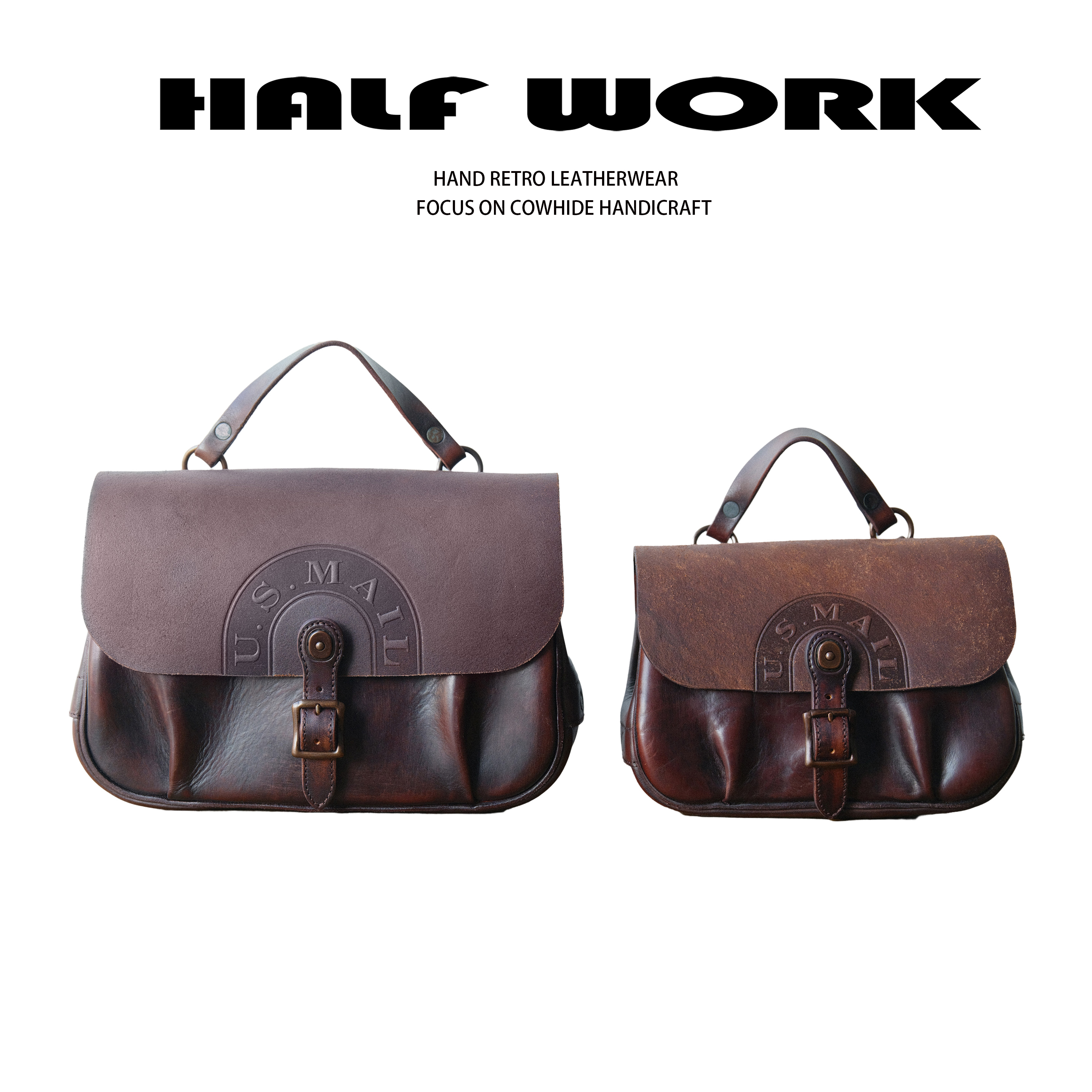 HALF WORK/伴工【高定】头层牛皮水洗做旧复古斜挎邮差包KB-2903