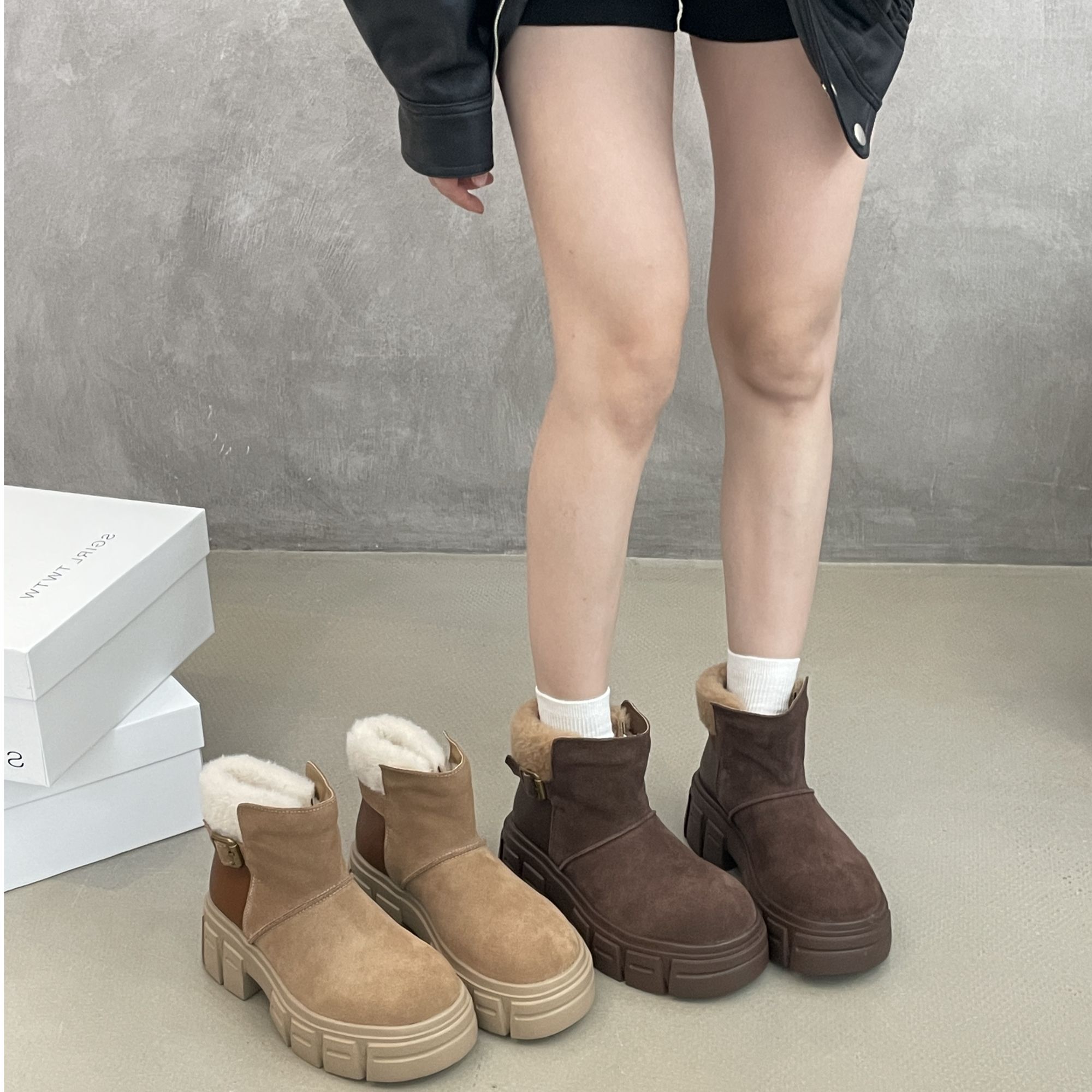 SGIRL TWTW粗跟厚底马丁靴女2025冬季加绒保暖增高英伦风休闲短靴