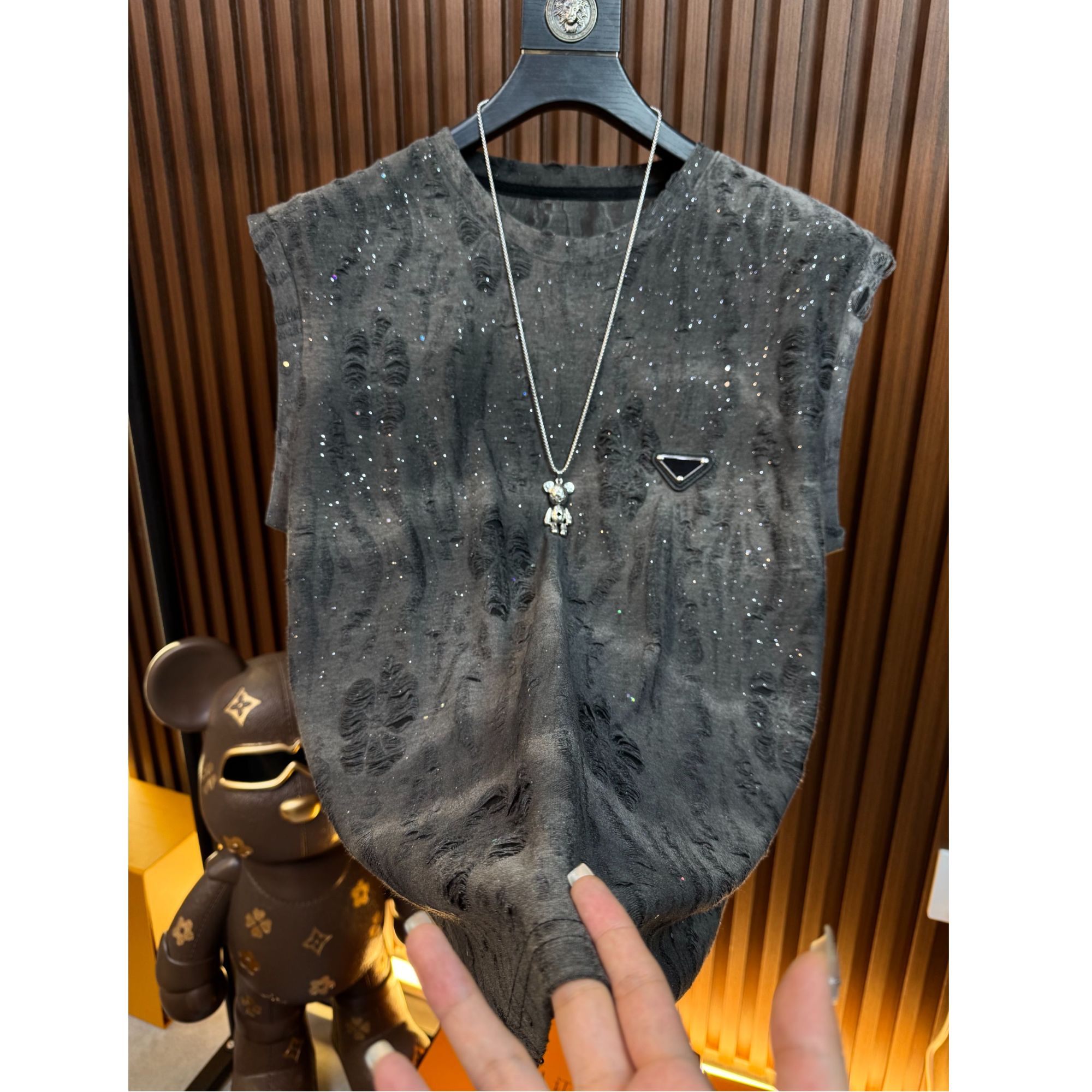 BW-圆领复古时尚套装休闲风破洞夏季背心无袖镂空 K-333