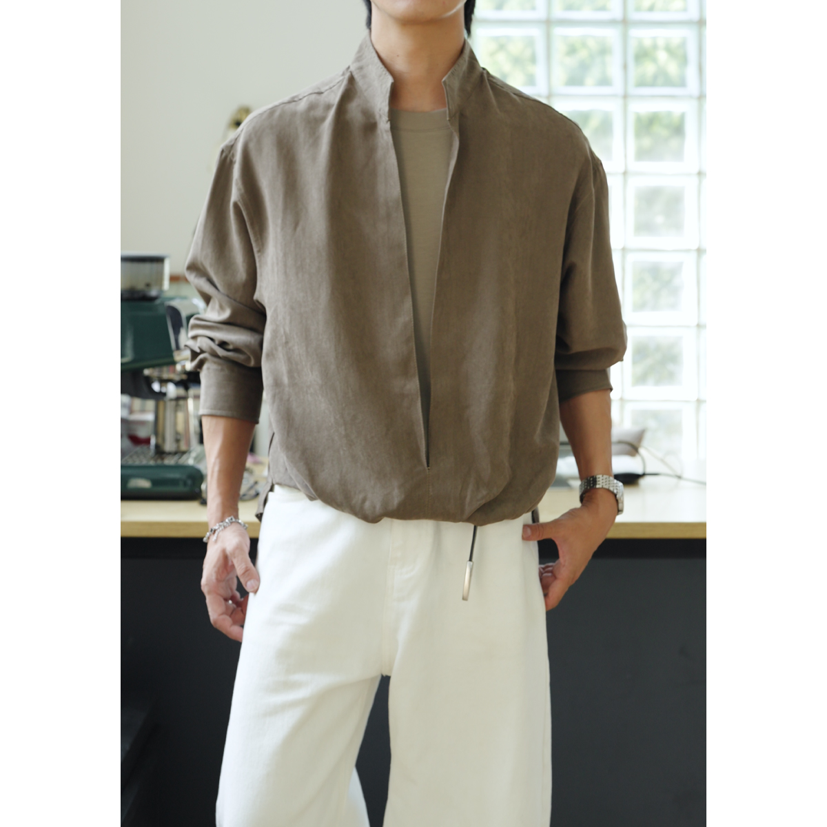 早秋新款设计感假两件宽松舒适百搭休闲长袖纯色衬衫男81020