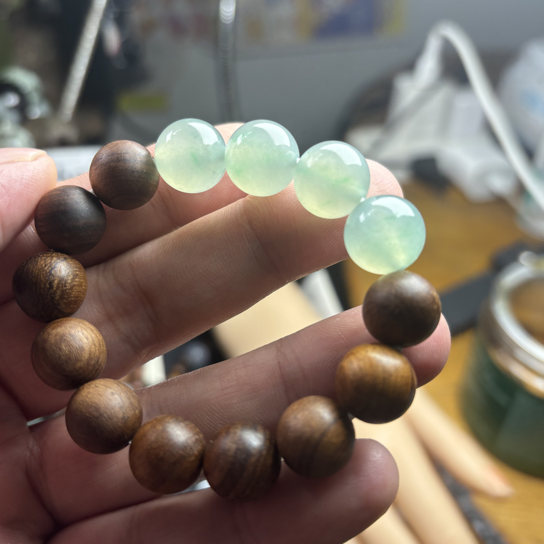 缅甸天然翡翠a货 冰种金丝绿卡12.9*五颗