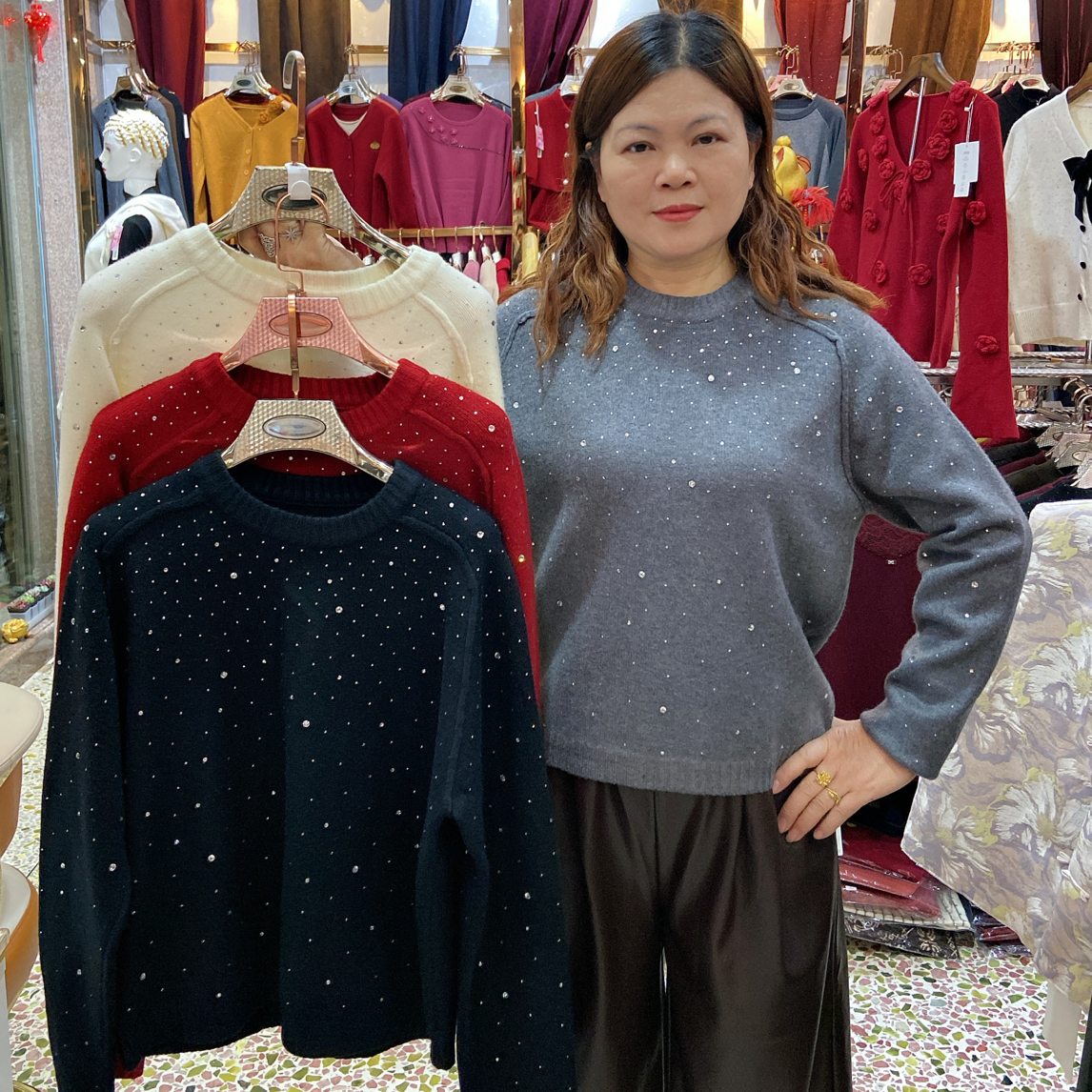 YF！2031#秋冬新款烫钻宽松针织衫女慵懒风百搭上衣