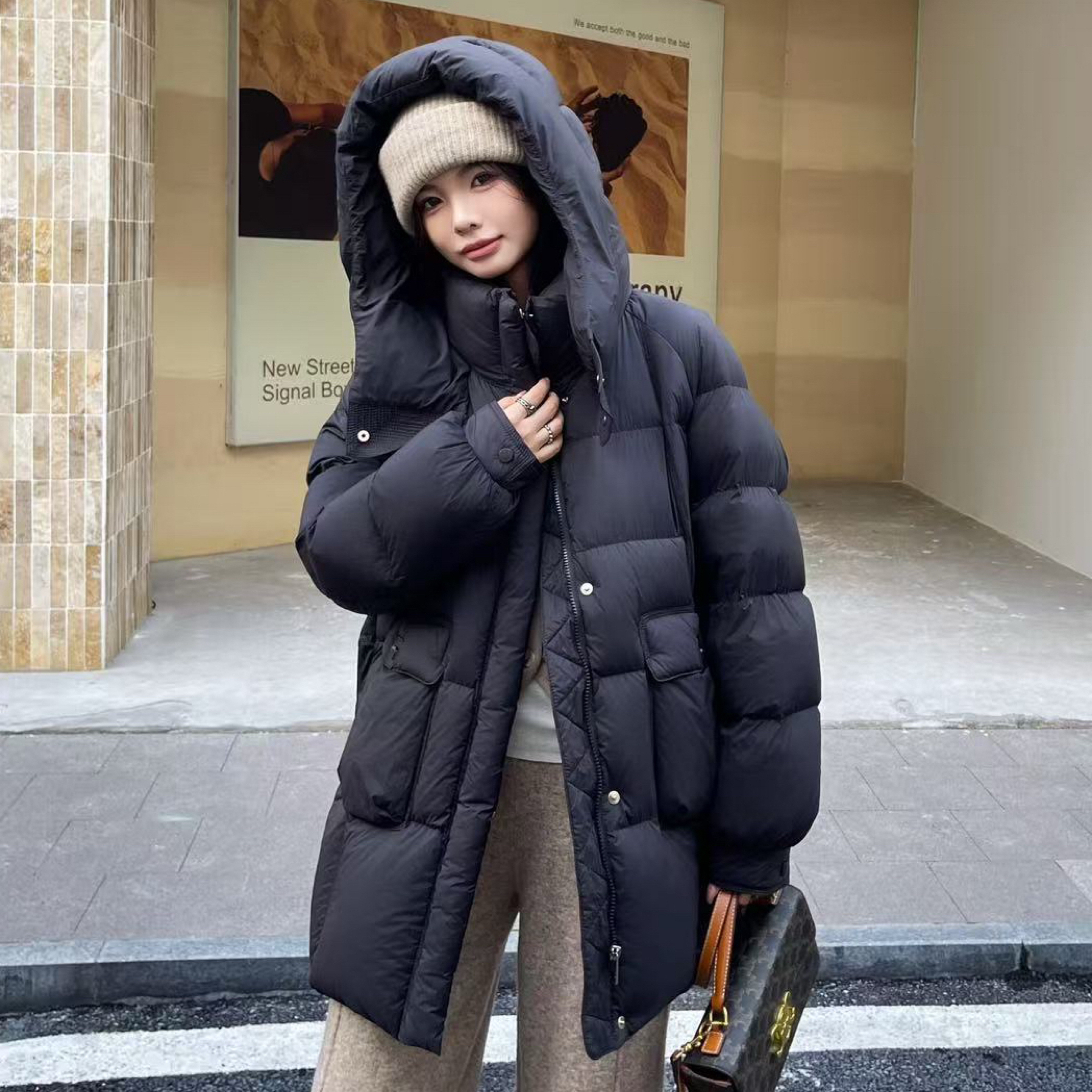 冬季新款时尚韩版中长款连帽宽松90白鸭绒羽绒外套女款