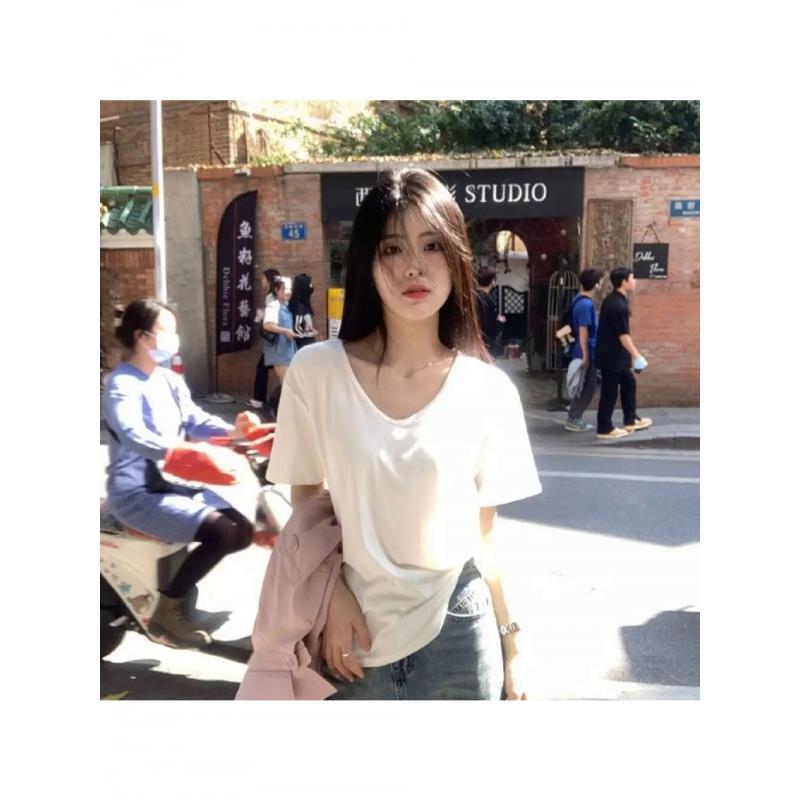 V领T恤女短袖白色正肩百搭夏季宽松显瘦内搭上衣服潮