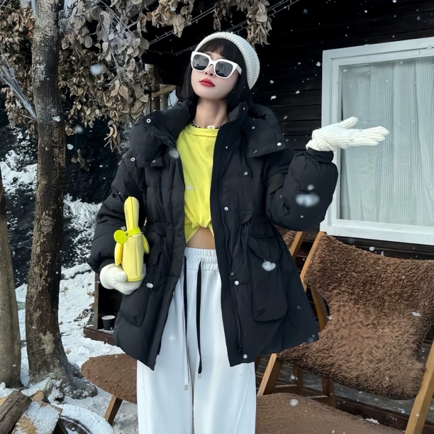 2025大码羽绒服女韩版收腰宽松显瘦厚款中长保暖时尚秋冬连帽外套
