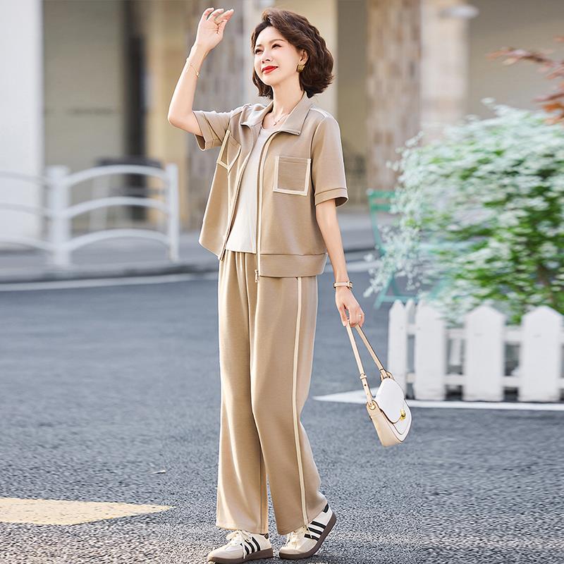 皮尔卡丹妈妈春装外套2025新款短袖套装中年女士高端大气上档次上