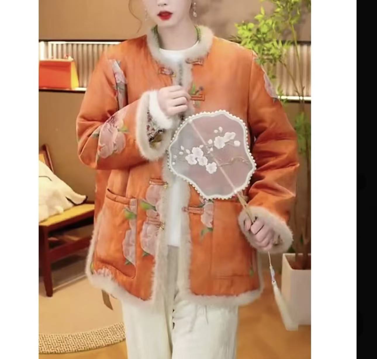 【梨落】新中式国风时尚洋气复古印染提花宽松棉服上衣