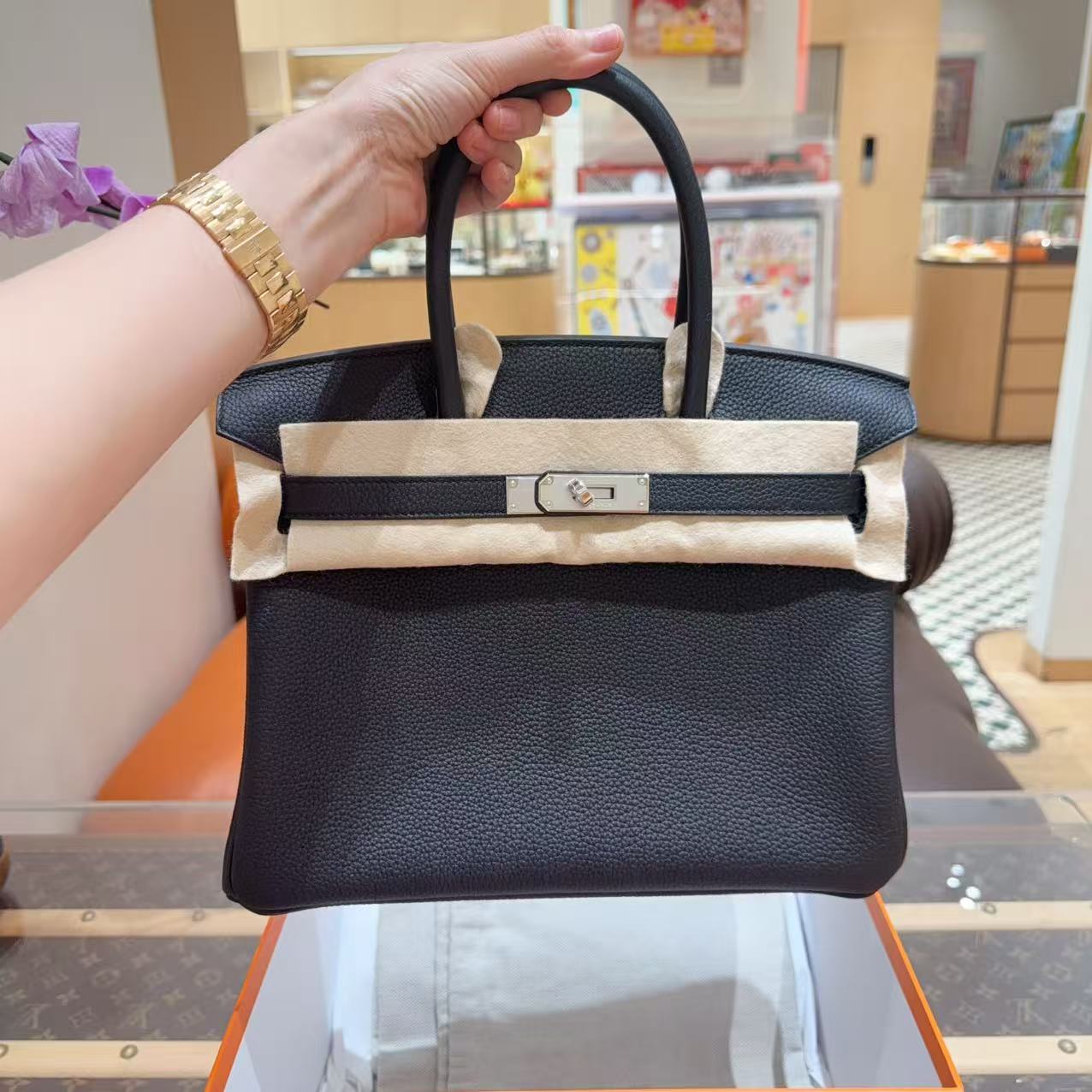 未使用 Hermes/爱马仕 Birkin30 黑银 Togo皮 K刻 国内专柜大全套