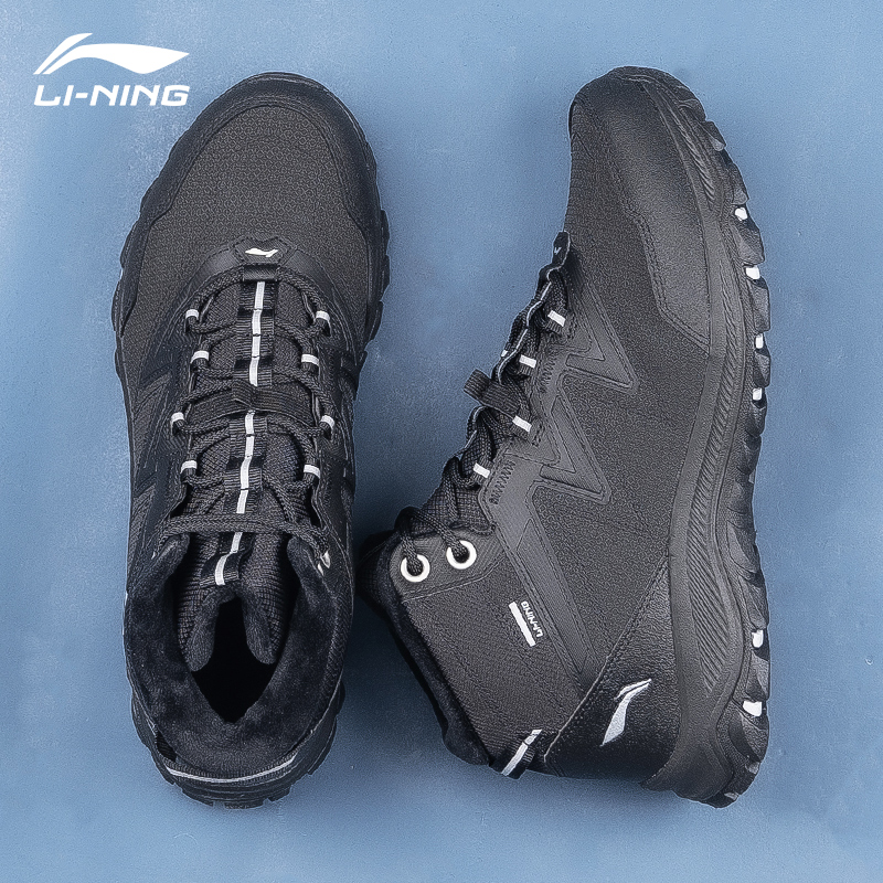 李宁舒适男士黑色户外日常冬季新款加绒加厚保暖中帮徒步休闲鞋