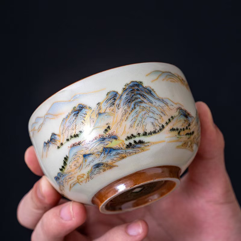 汝窑千里江山铜钱禅定杯创意陶瓷茶杯-0057