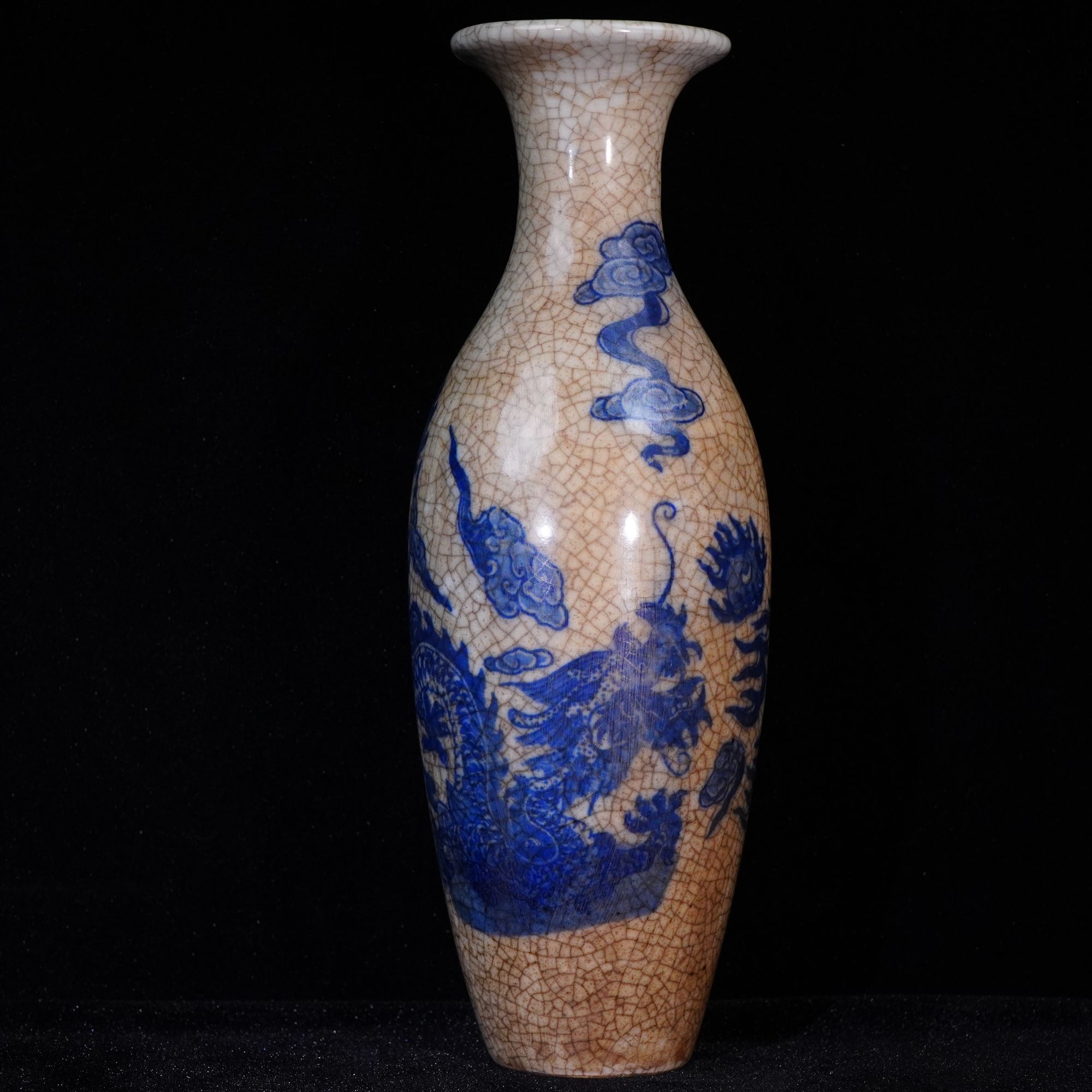 Lot2-C哥窑青花龙纹瓶-清代年制款h30cm-GW12280003001016