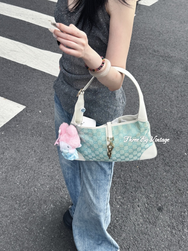 95新 GUCCI/古驰 满印老花薄荷绿Jackie小号单肩包/ThreeEg中古
